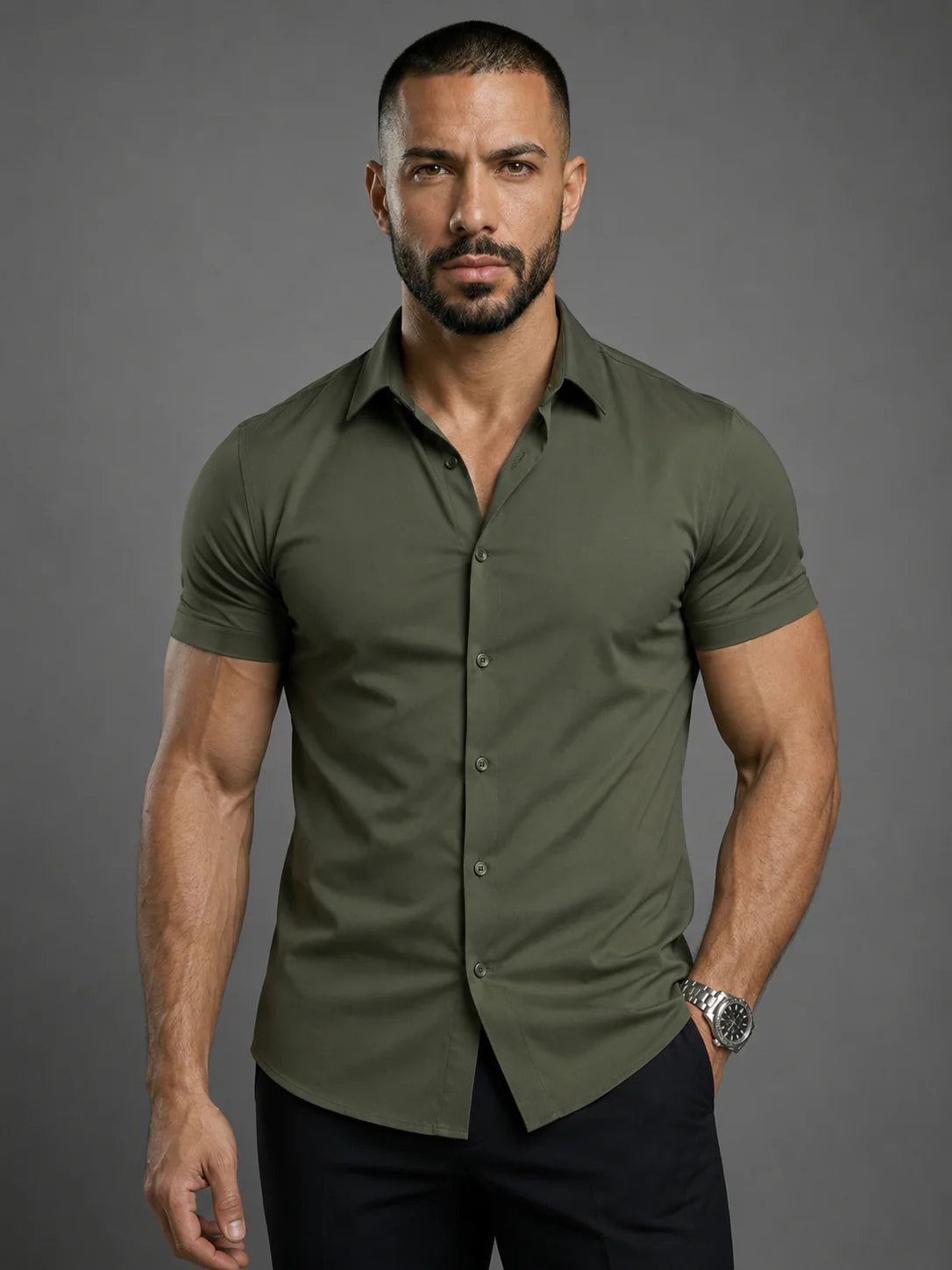 Short Sleeve Muscle Dress Shirt - Stretch Fit