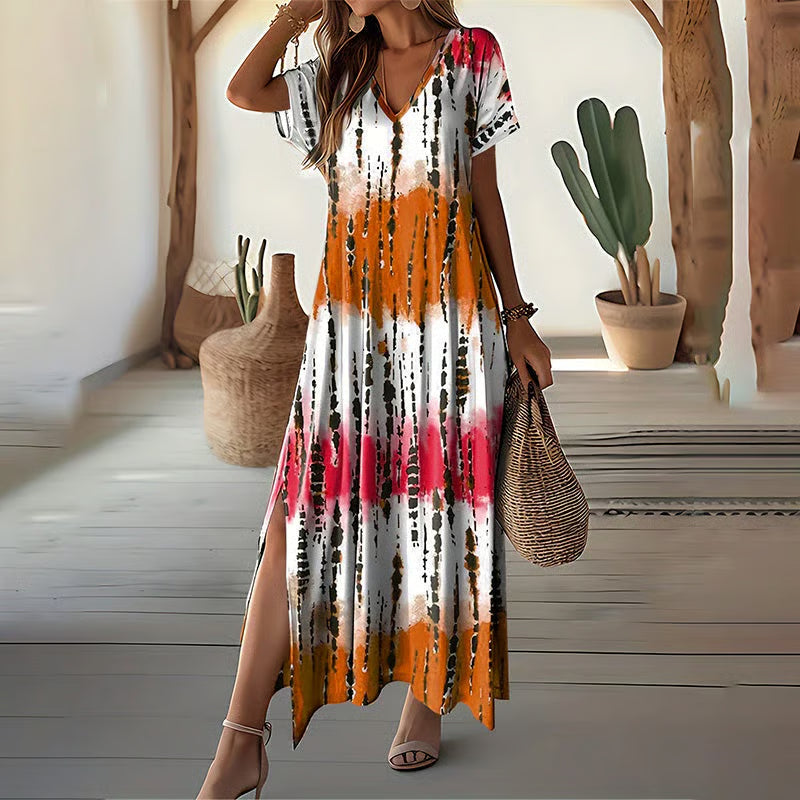 Women's Casual V-Neck Gradient Dress – Dreamy Color Blend & Knee-High Side Slits