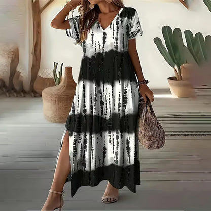 Women's Casual V-Neck Gradient Dress – Dreamy Color Blend & Knee-High Side Slits