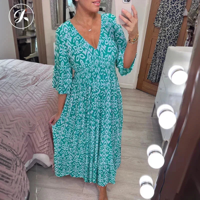Bohemian Vintage V-Neck Floral Casual Long Dresses