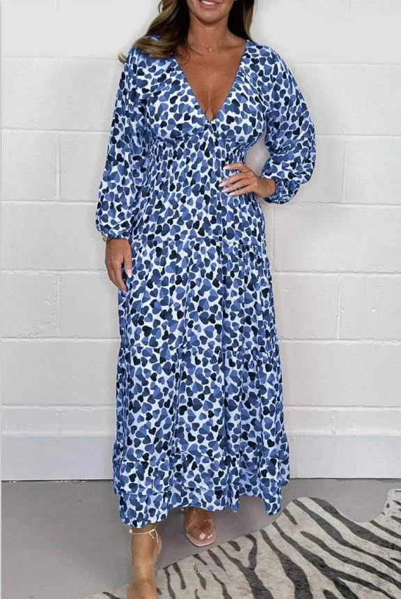 Sexy printed women's dress with deep V-neck