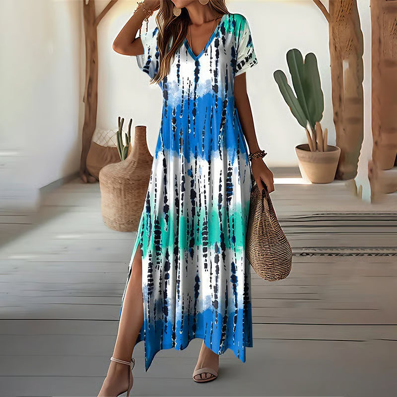 Women's Casual V-Neck Gradient Dress – Dreamy Color Blend & Knee-High Side Slits