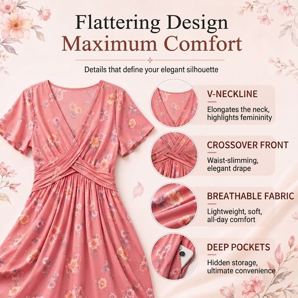 Floral V-Neck Twist-Waist Dress — Elegant Yet Easygoing for Any Occasion
