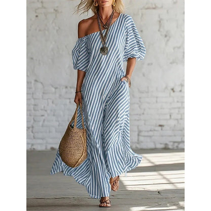 ☀️Women's One-Shoulder Striped Maxi Dress – Flowy Puff Sleeve Style With Effortless Summer Elegance 🌿