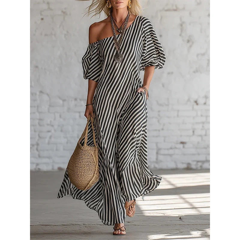 ☀️Women's One-Shoulder Striped Maxi Dress – Flowy Puff Sleeve Style With Effortless Summer Elegance 🌿