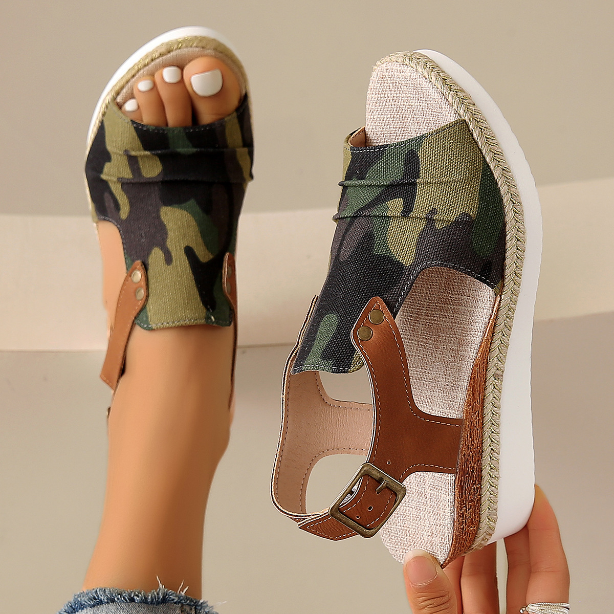 Women's Comfortable Wedge Platform Sandals – Breathable Cut-Out Ankle Strap Espadrille Slides