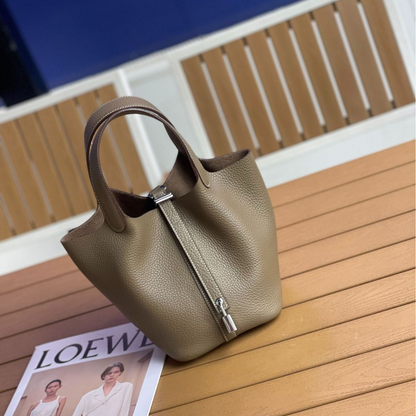 📢📢50% OFF !! ⏰Women's Genuine Pebbled Leather Bucket Bag, Top Handle Tote Handbag with Lock