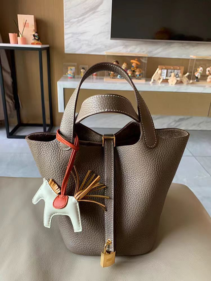 📢📢50% OFF !! ⏰Women's Genuine Pebbled Leather Bucket Bag, Top Handle Tote Handbag with Lock