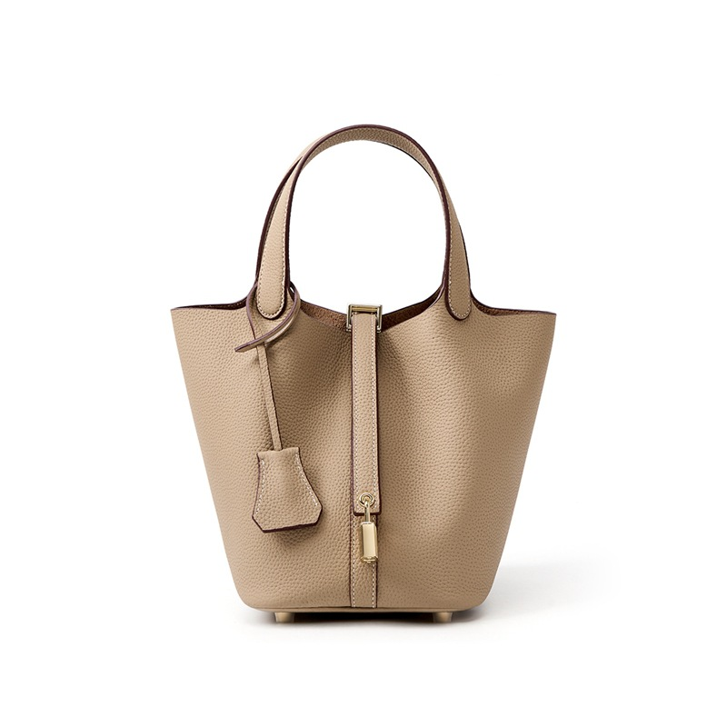 📢📢50% OFF !! ⏰Women's Genuine Pebbled Leather Bucket Bag, Top Handle Tote Handbag with Lock