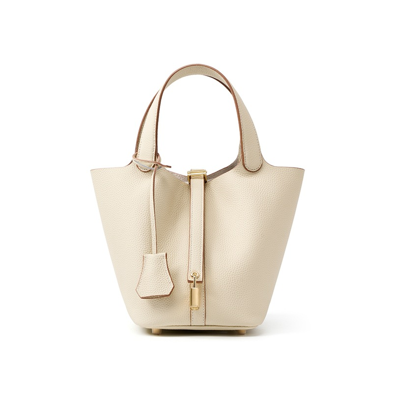 📢📢50% OFF !! ⏰Women's Genuine Pebbled Leather Bucket Bag, Top Handle Tote Handbag with Lock