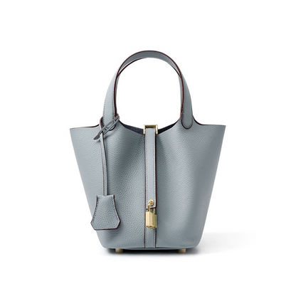 📢📢50% OFF !! ⏰Women's Genuine Pebbled Leather Bucket Bag, Top Handle Tote Handbag with Lock