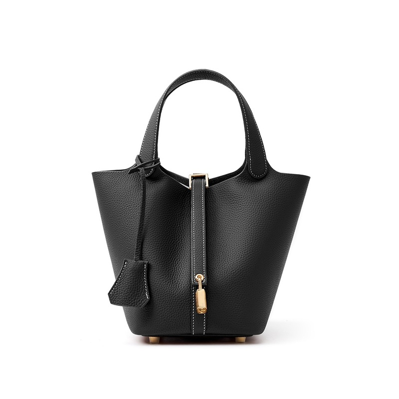 📢📢50% OFF !! ⏰Women's Genuine Pebbled Leather Bucket Bag, Top Handle Tote Handbag with Lock