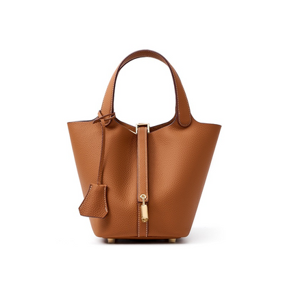 📢📢50% OFF !! ⏰Women's Genuine Pebbled Leather Bucket Bag, Top Handle Tote Handbag with Lock