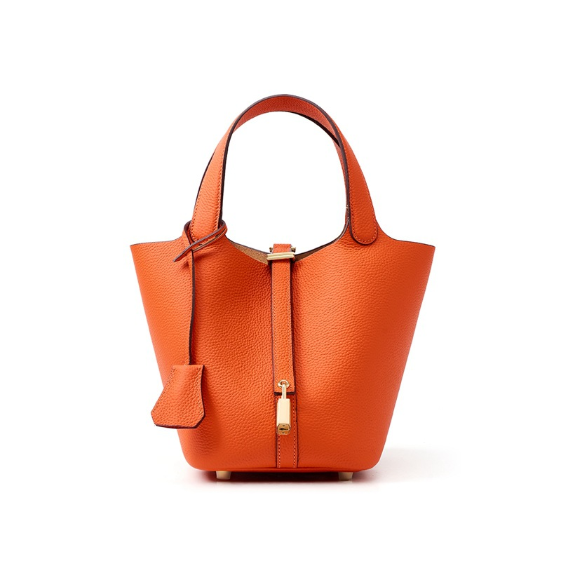 📢📢50% OFF !! ⏰Women's Genuine Pebbled Leather Bucket Bag, Top Handle Tote Handbag with Lock