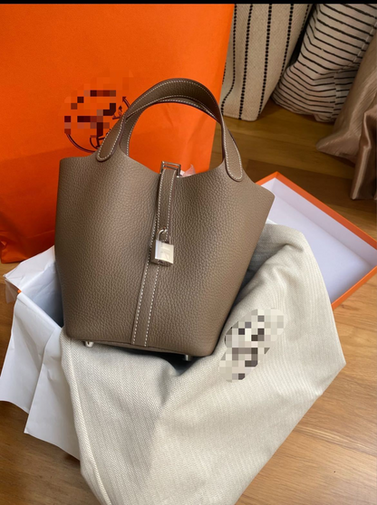 📢📢50% OFF !! ⏰Women's Genuine Pebbled Leather Bucket Bag, Top Handle Tote Handbag with Lock