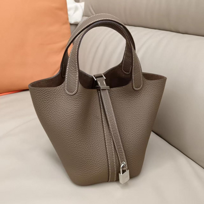 📢📢50% OFF !! ⏰Women's Genuine Pebbled Leather Bucket Bag, Top Handle Tote Handbag with Lock